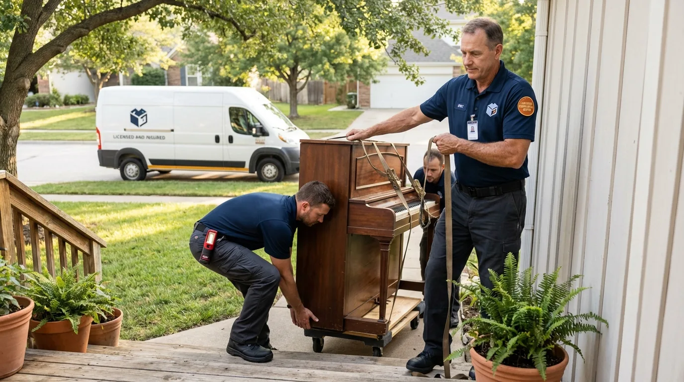 Licensed piano movers securing grand piano in Kennewick, WA
