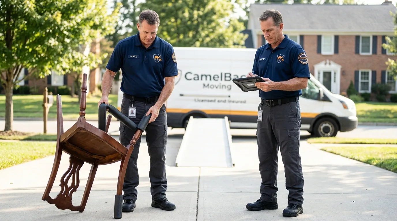 Movers inspecting furniture for damage prevention before loading in Kennewick, WA
