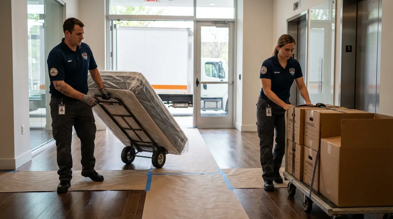 Professional apartment movers loading elevator in Kennewick, WA