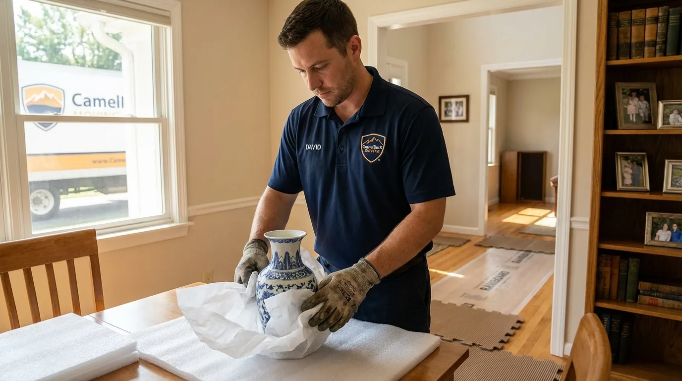 Professional crew carefully wrapping antique vase for senior downsizing move in Kennewick, WA